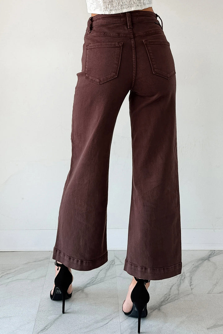 Red Sandalwood Solid Color Seamed Center Wide Leg Cropped Jeans - Lulubelles Clothing and Accessories