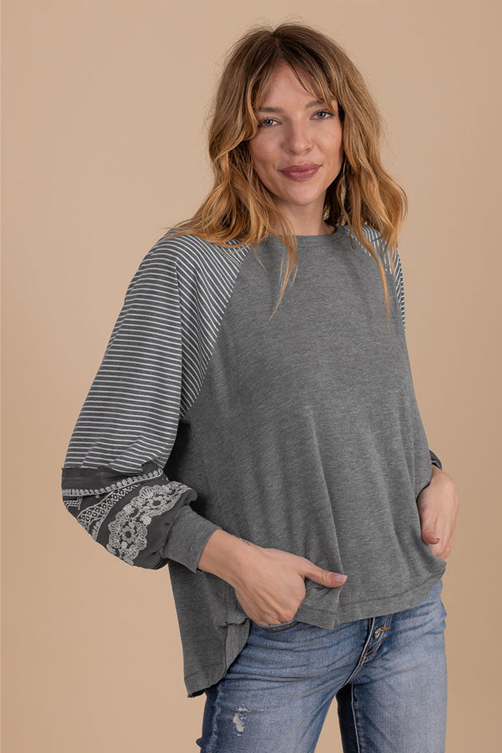 Navy Blue Contrast Print Striped Raglan Long Sleeve Loose Top