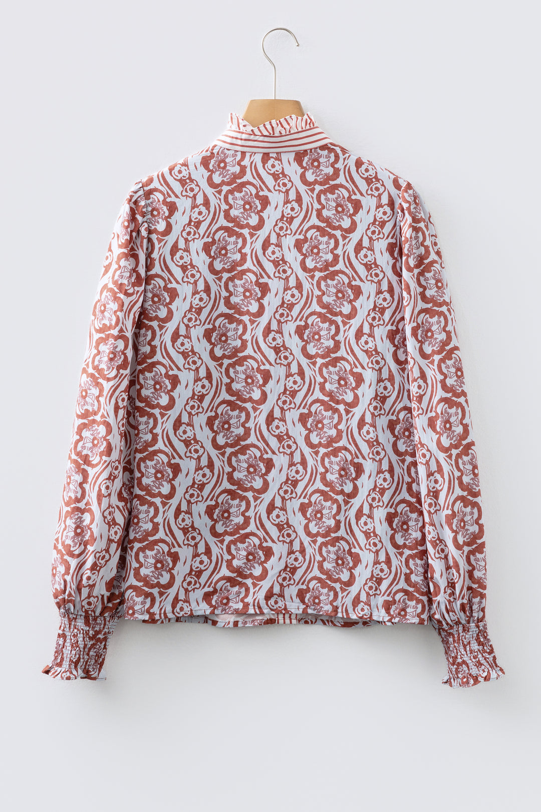 Floral Print Frilled Striped Trim Button Down Smocked Cuffs Long Sleeve Shirt