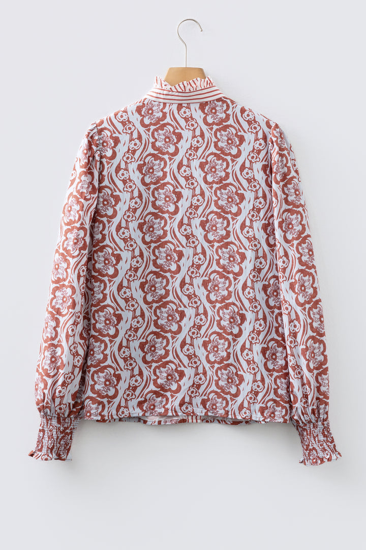 Floral Print Frilled Striped Trim Button Down Smocked Cuffs Long Sleeve Shirt