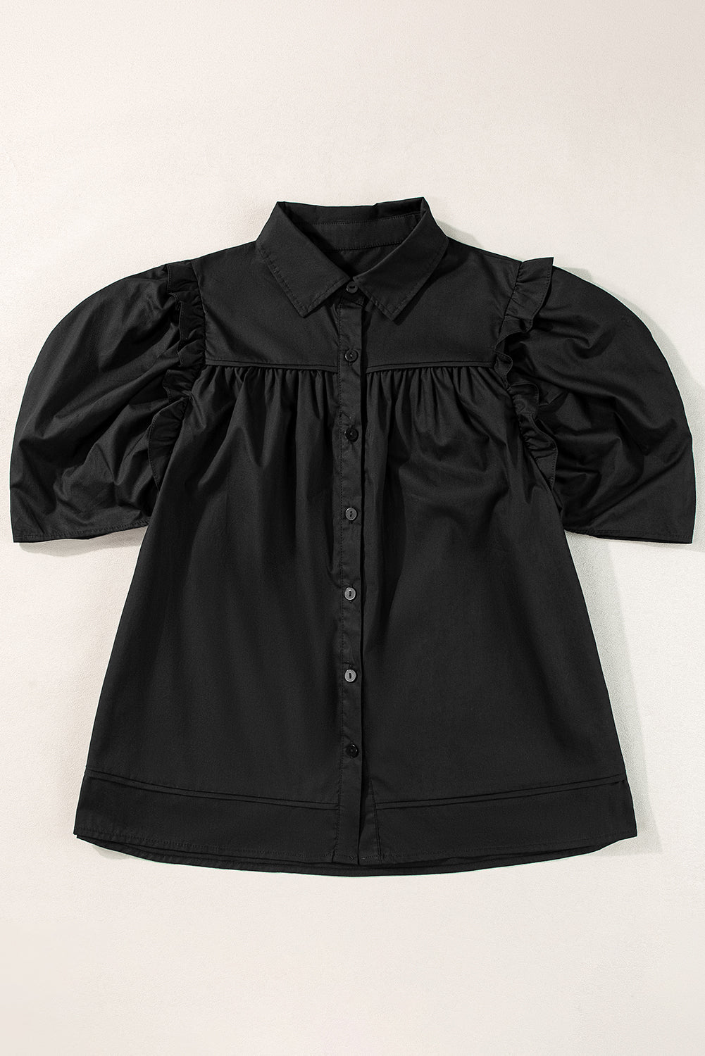 Black Ruched Puff Sleeve Loose Buttoned Up Blouse