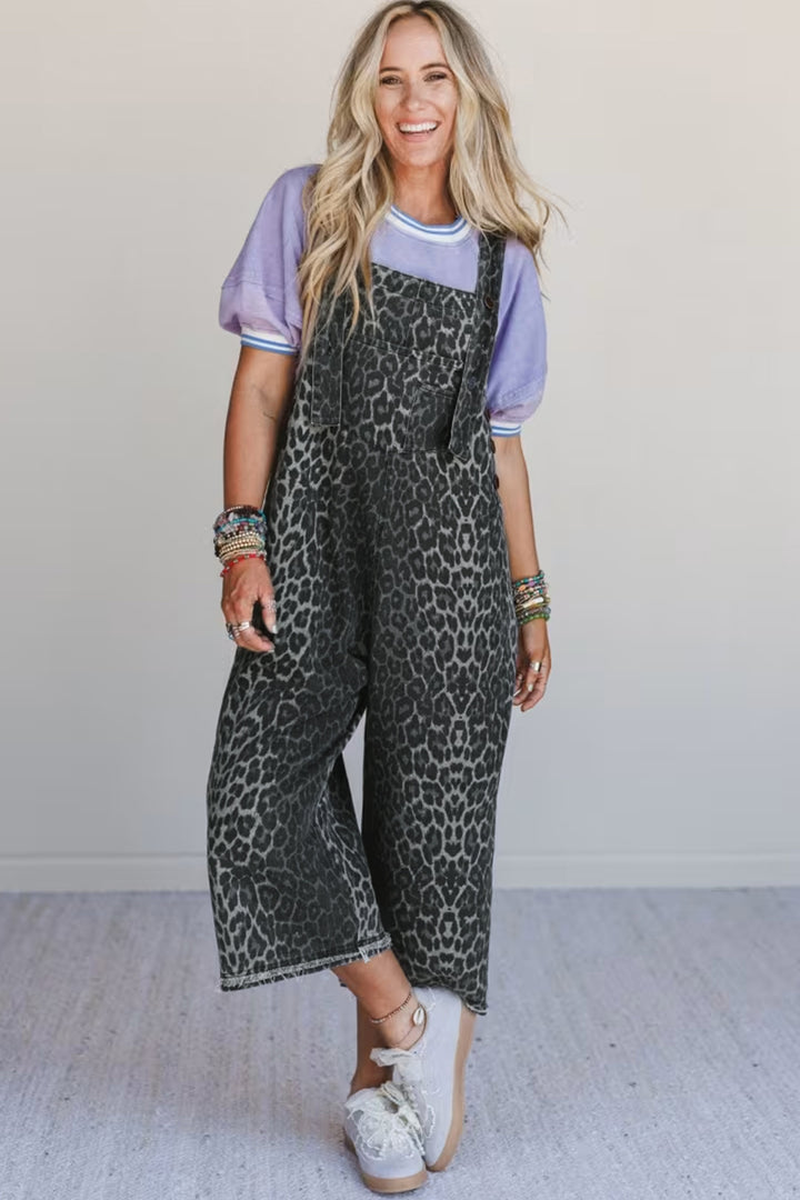 Gray Leopard Print Button Adjustable Straps Cropped Loose Denim Overalls - Lulubelles Clothing and Accessories