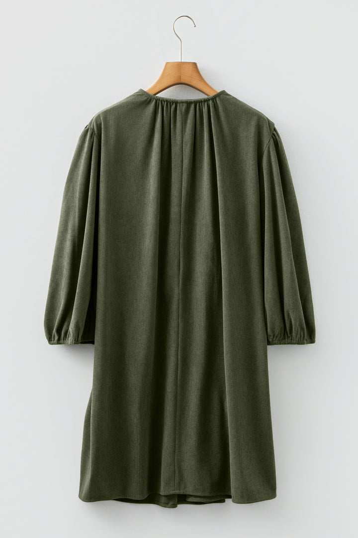 Moss Green Bracelet Sleeve Split Neck Scallop Detail Pleated Corduroy Mini Dress - Lulubelles Clothing and Accessories