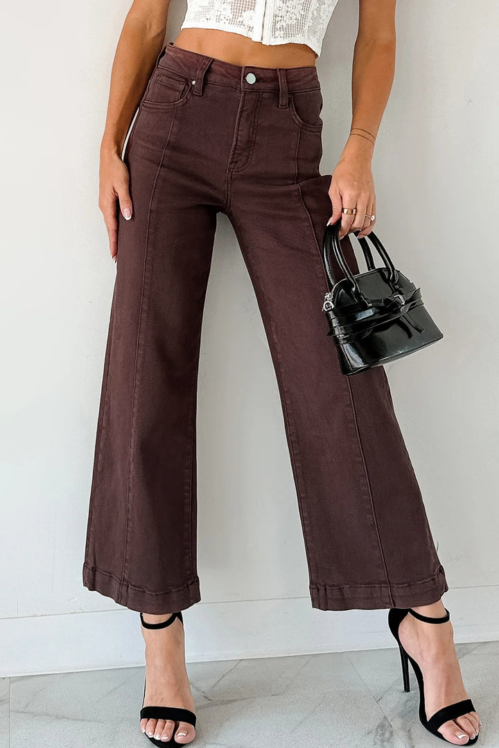 Red Sandalwood Solid Color Seamed Center Wide Leg Cropped Jeans - Lulubelles Clothing and Accessories