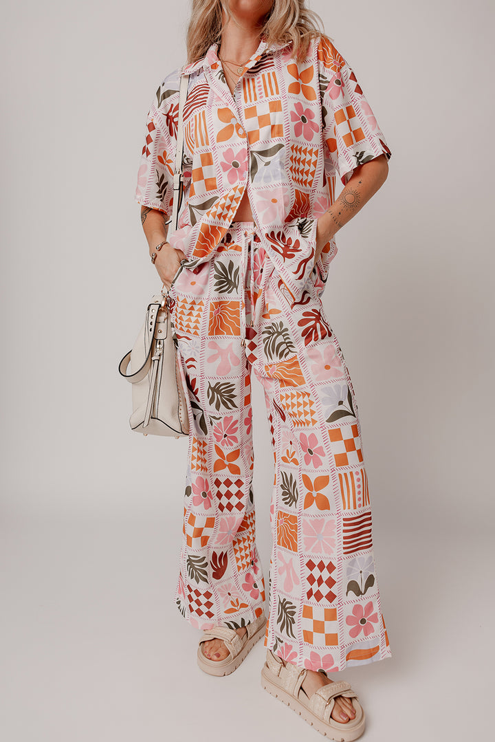 Orange Floral Checkered Print Collared Shirt and Wide Leg Pants Set