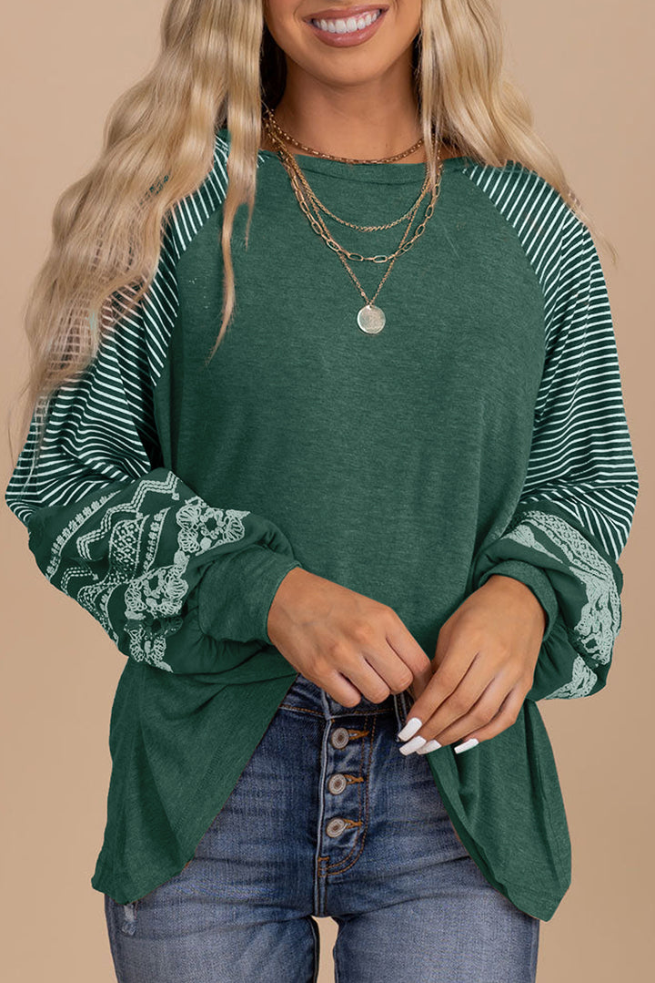 Navy Blue Contrast Print Striped Raglan Long Sleeve Loose Top