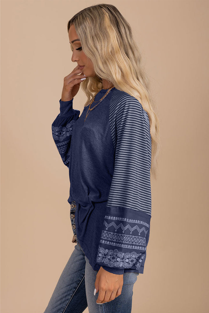 Navy Blue Contrast Print Striped Raglan Long Sleeve Loose Top