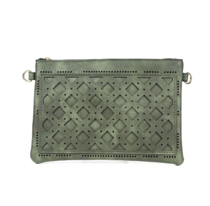 Olive green Engraved horizontal clutch shoulder Bag with strap