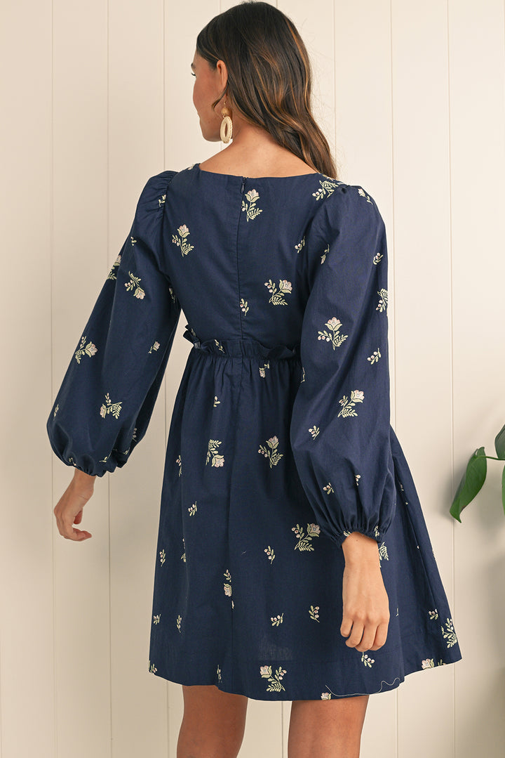 Blue Floral Print Puff Sleeve Babydoll Dress