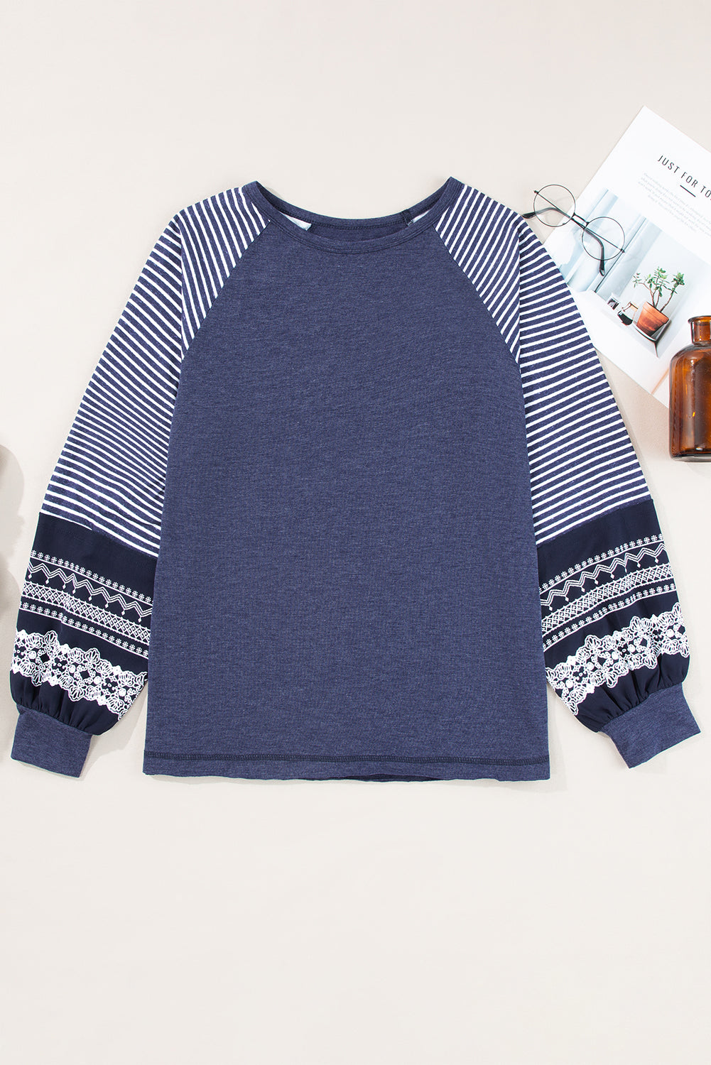 Navy Blue Contrast Print Striped Raglan Long Sleeve Loose Top