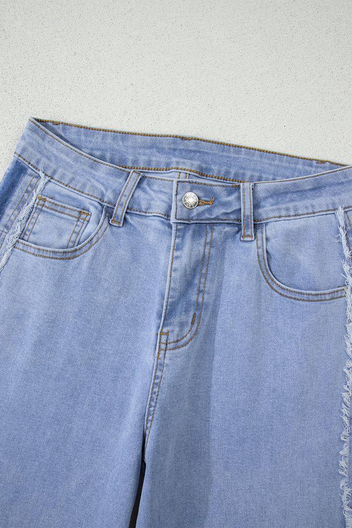 Beau Blue Contrast Stripe Frayed Side Panel Patchwork Shift Jeans - Lulubelles Clothing and Accessories