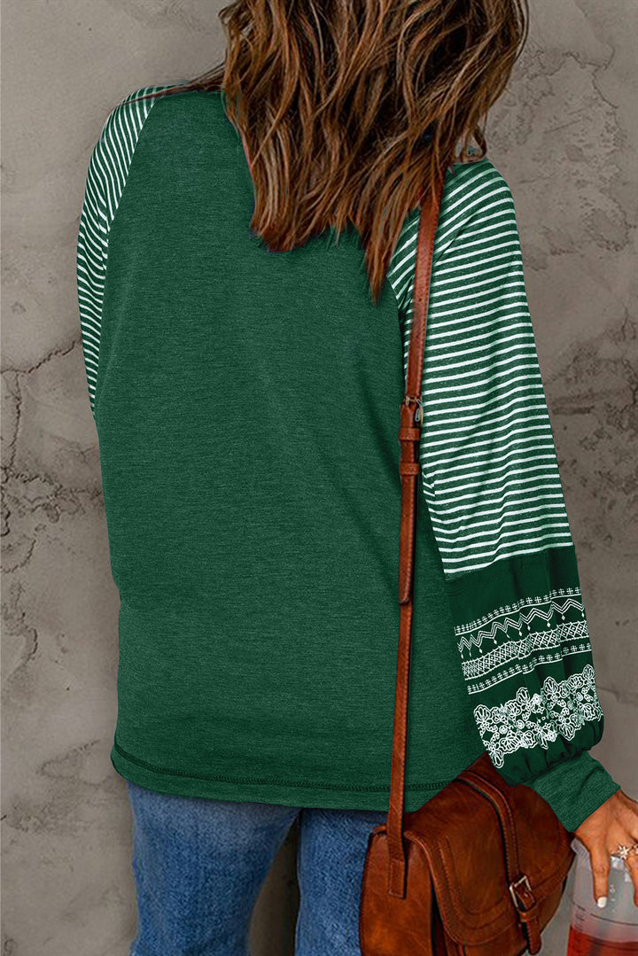 Navy Blue Contrast Print Striped Raglan Long Sleeve Loose Top