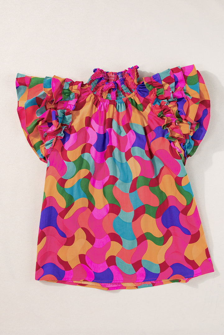 Rose Red Dramatic Ruffle Sleeve Smock Neck Wavy Print Top - Lulubelles Clothing and Accessories