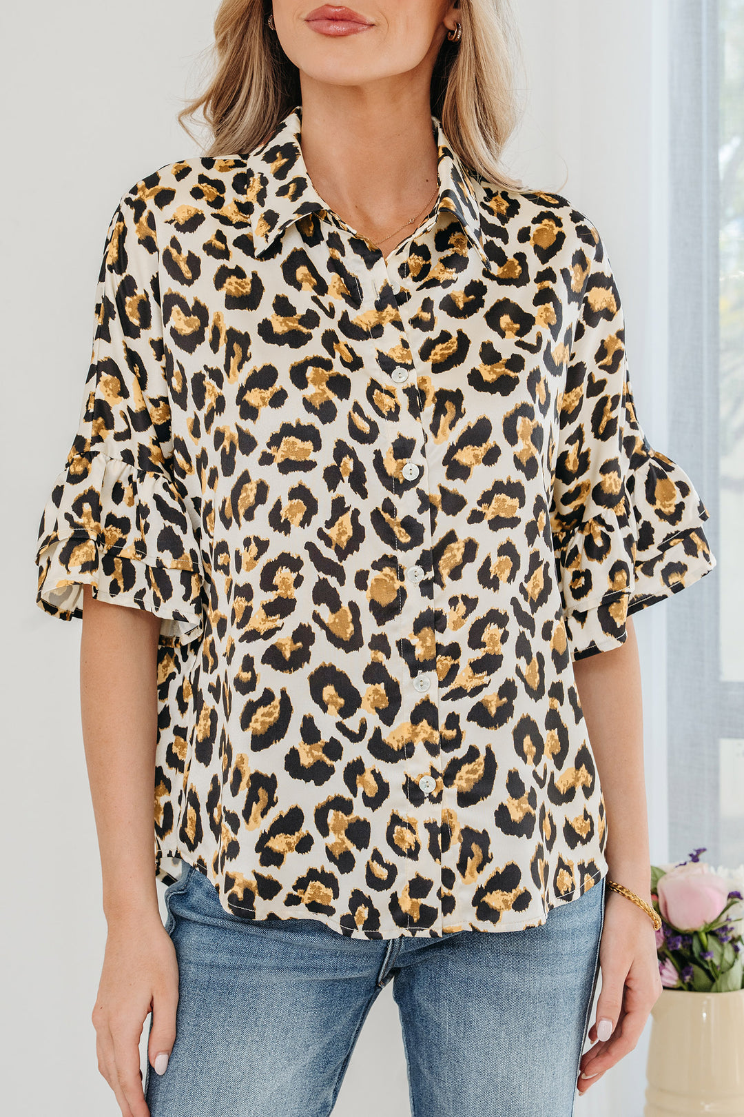 Khaki Leopard Print Ruffle Trim 3/4 Sleeve Loose Shirt - Lulubelles Clothing and Accessories