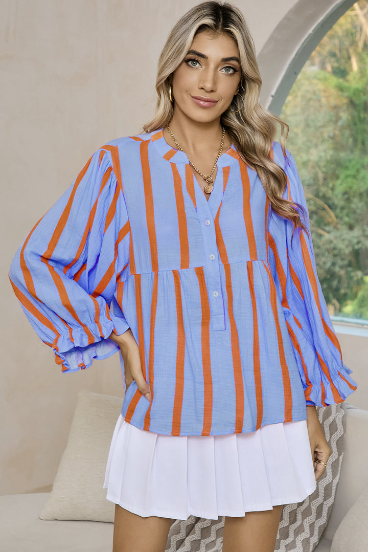 Orange Stripe Crinkle Ruffle Sleeve Loose Top