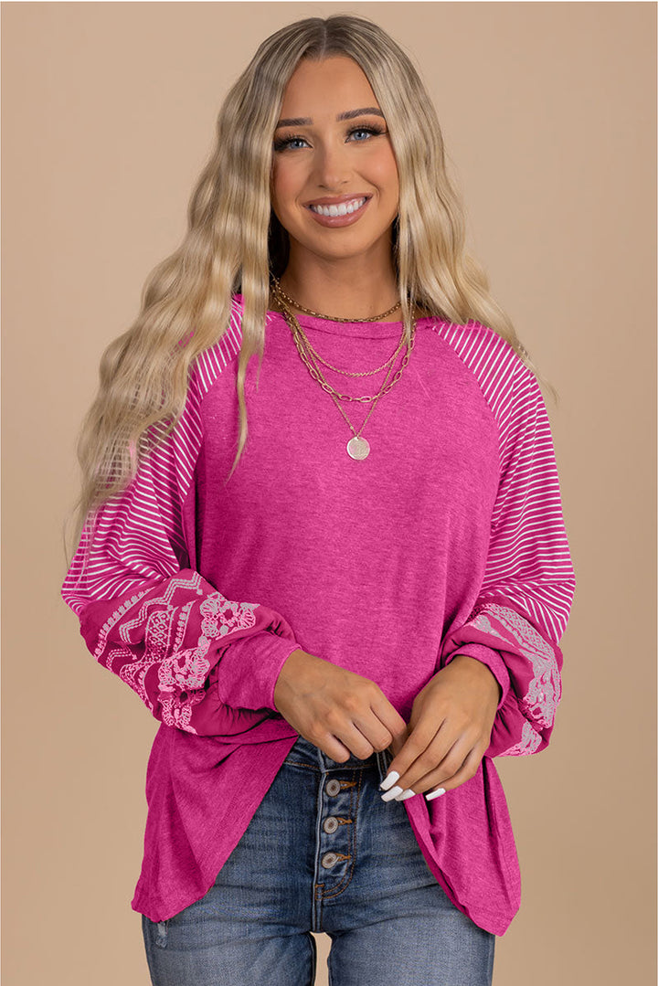 Navy Blue Contrast Print Striped Raglan Long Sleeve Loose Top