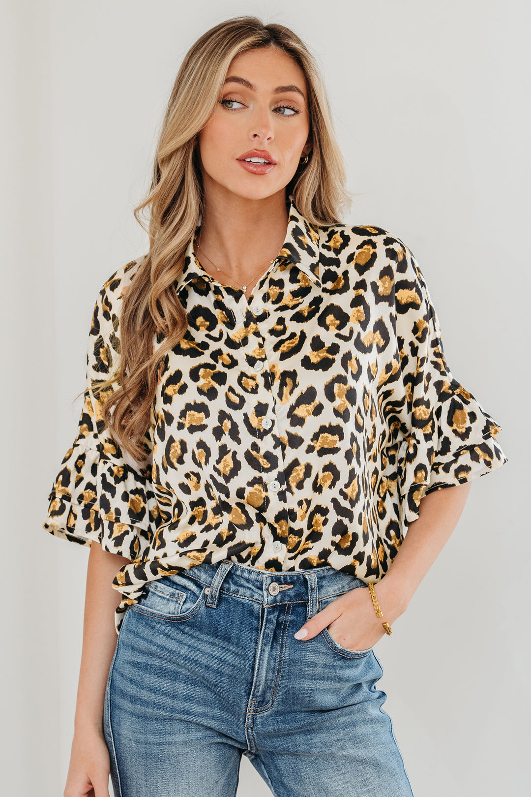 Khaki Leopard Print Ruffle Trim 3/4 Sleeve Loose Shirt - Lulubelles Clothing and Accessories
