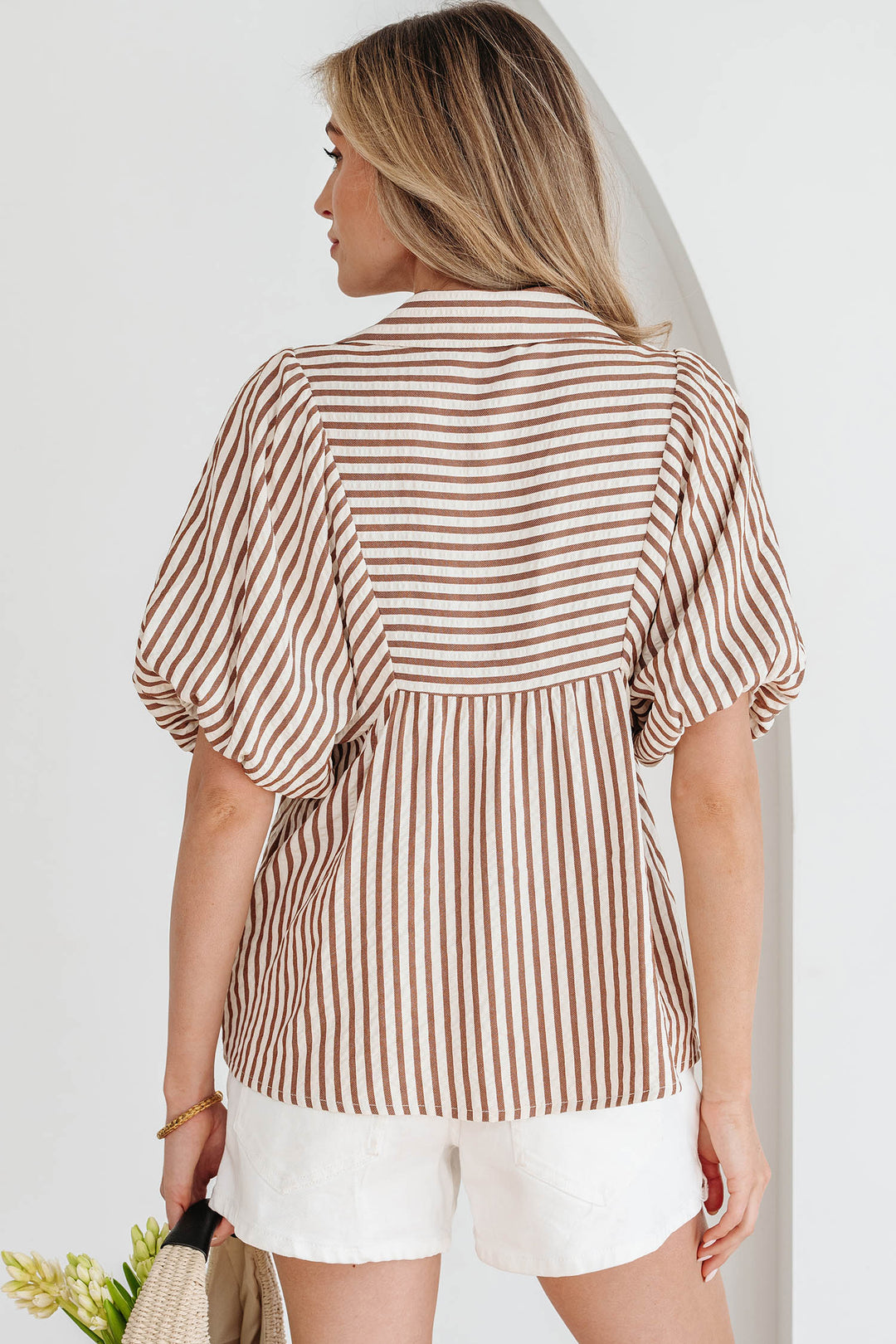 Brown Stripe Shirred V Neck Short Puff Sleeve Blouse - Lulubelles Clothing and Accessories