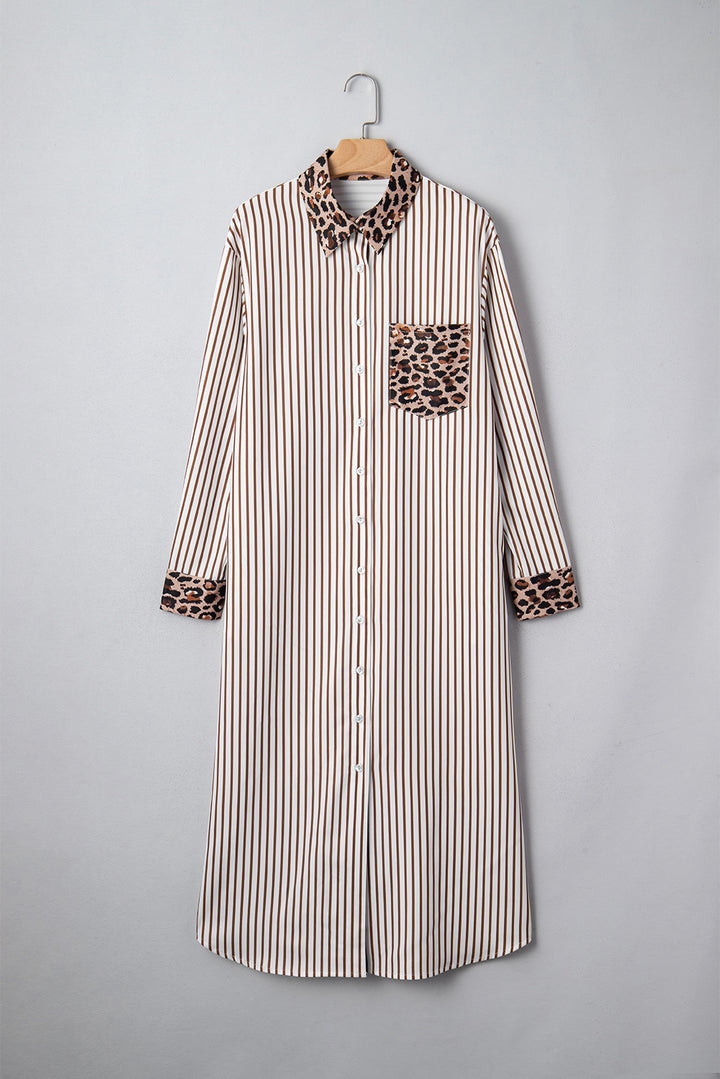 Brown Stripe Contrast Leopard Patchwork Long Shirt Dress with Slits