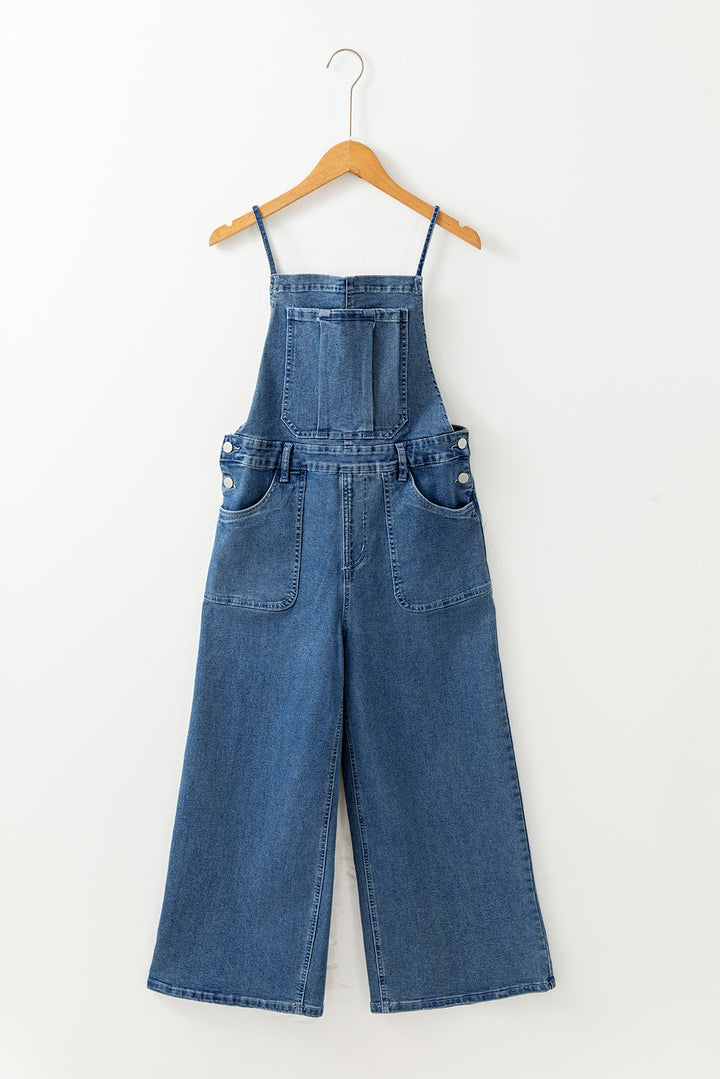 Dusk Blue Adjustable Tie Straps Cropped Wide Leg Denim Overalls - Lulubelles Clothing and Accessories