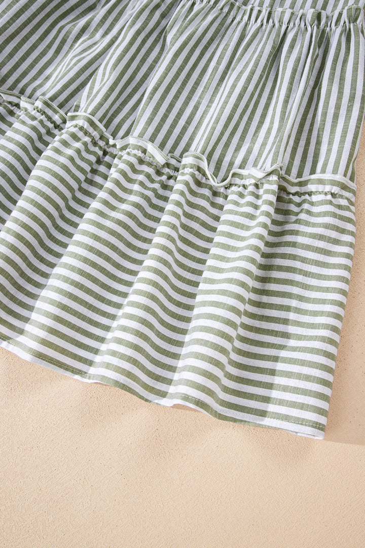 Green Stripe Tasseled Tie Neck Ruffled Short Sleeve Tiered Flattering Dress - Lulubelles Clothing and Accessories