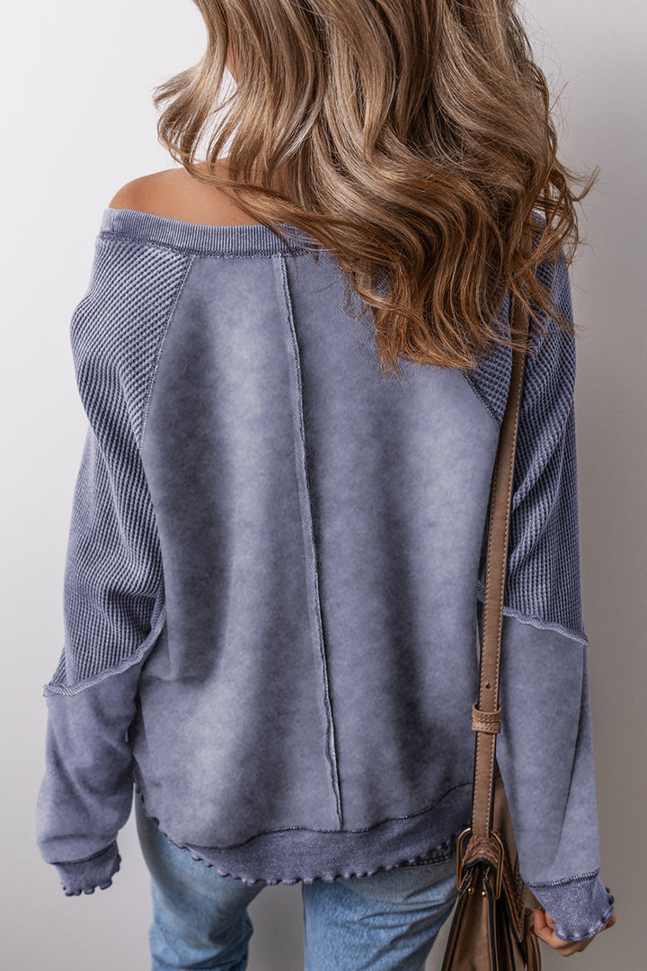 Light Grey Solid Waffle Knit Patchwork Raglan Sleeve Sweatshirt