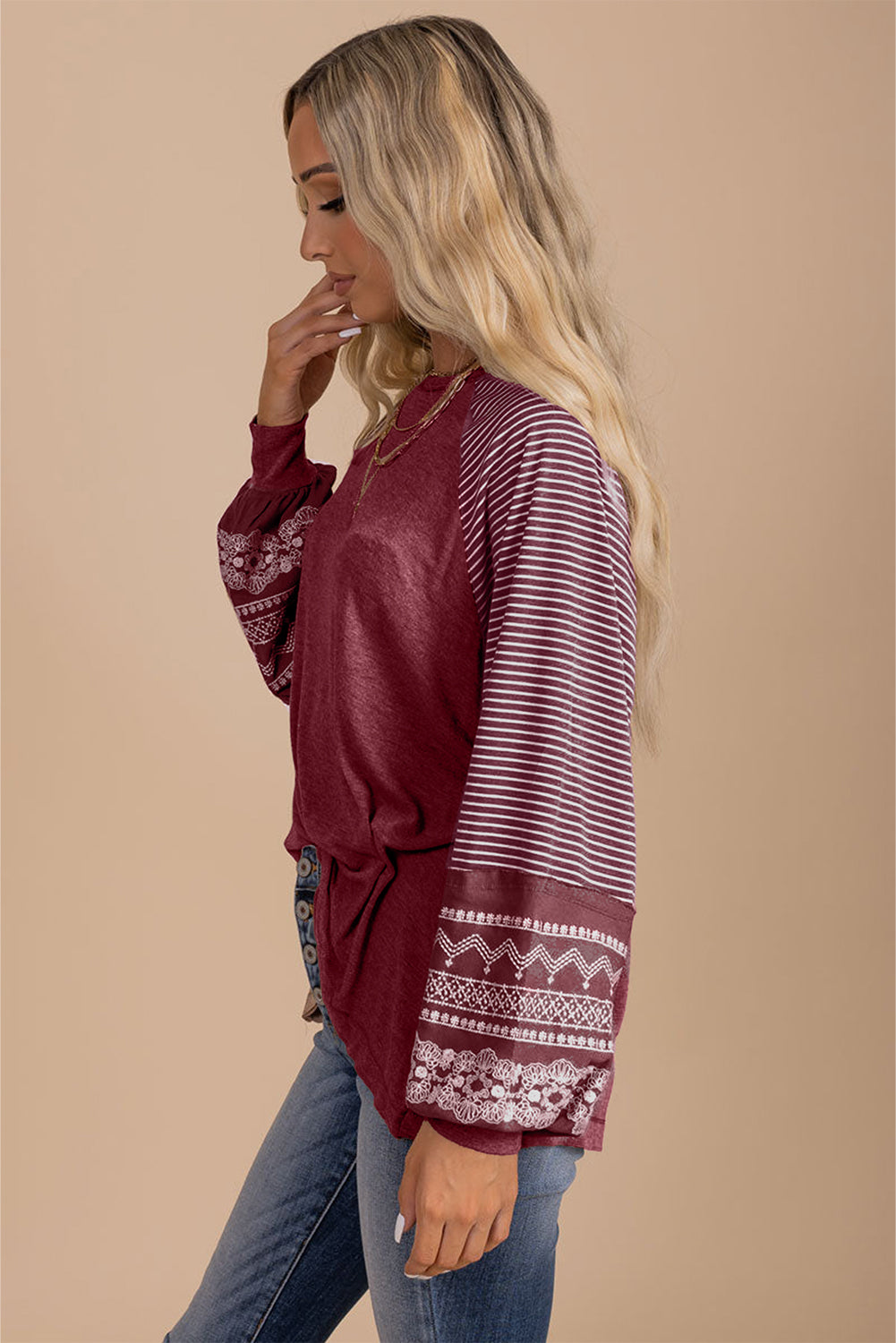 Navy Blue Contrast Print Striped Raglan Long Sleeve Loose Top