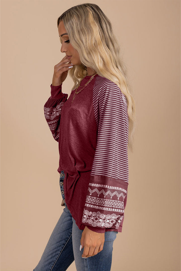 Navy Blue Contrast Print Striped Raglan Long Sleeve Loose Top