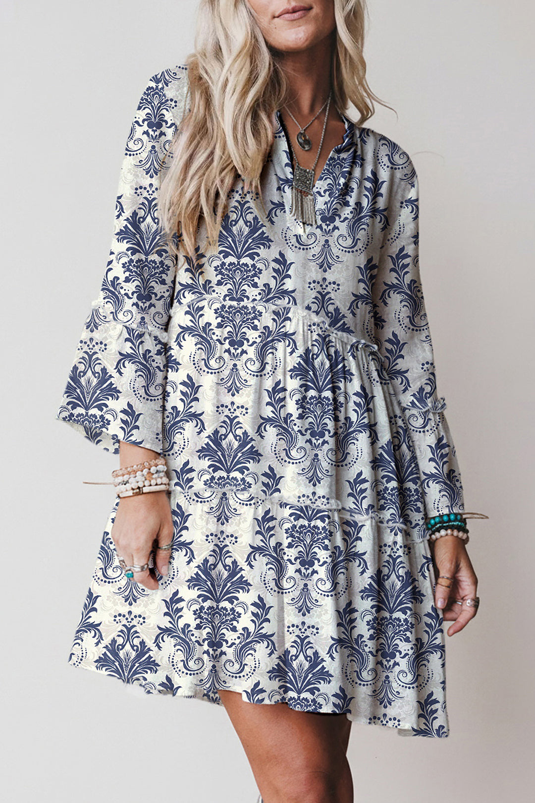Sky Blue Boho Floral Print Lettuce Trim 3/4 Sleeve Mini Dress - Lulubelles Clothing and Accessories