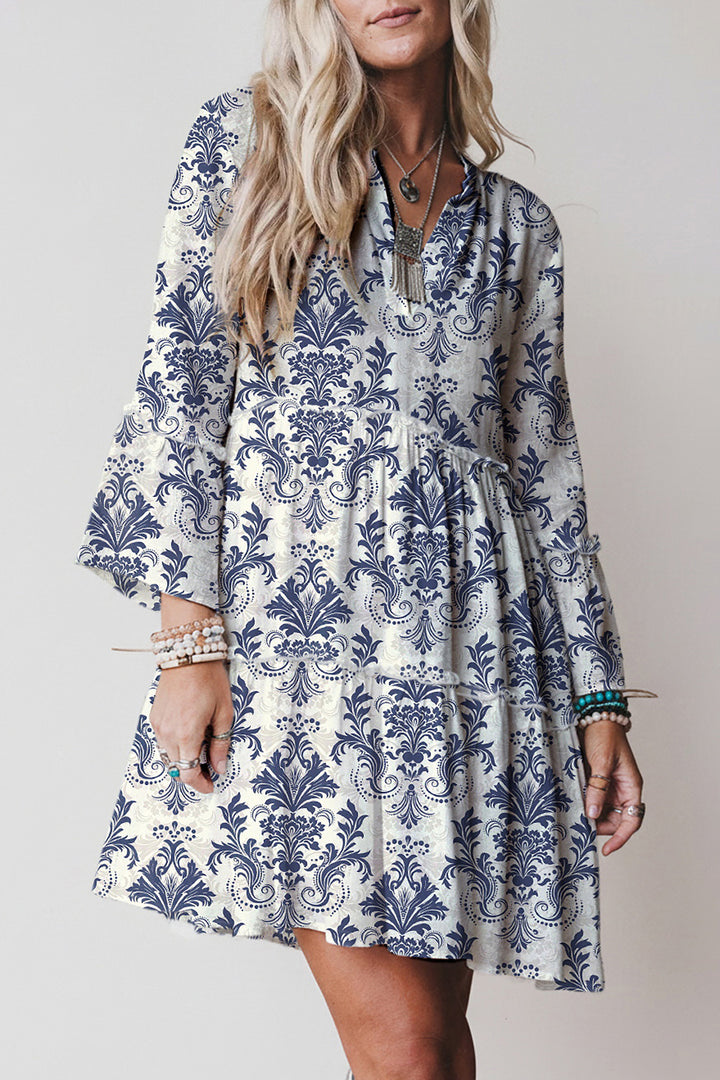 Sky Blue Boho Floral Print Lettuce Trim 3/4 Sleeve Mini Dress - Lulubelles Clothing and Accessories