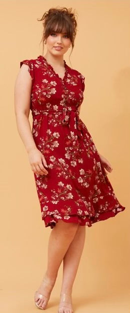 Ravina Red Floral Empire Line Midi Dress