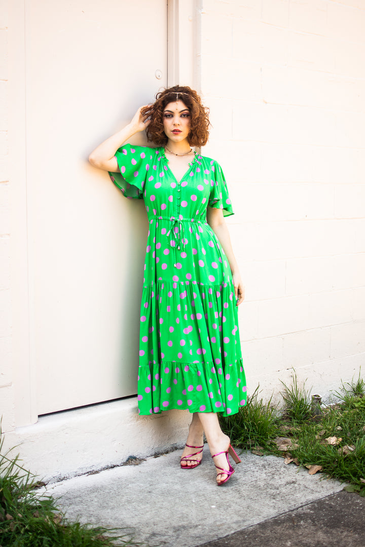 Katie Lime Pink Polka dot Empire Maxi Dress