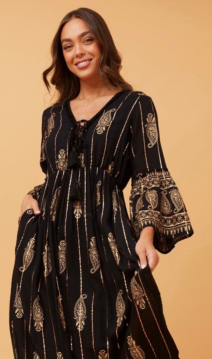 Alia Long Black and Gold Maxi Dress