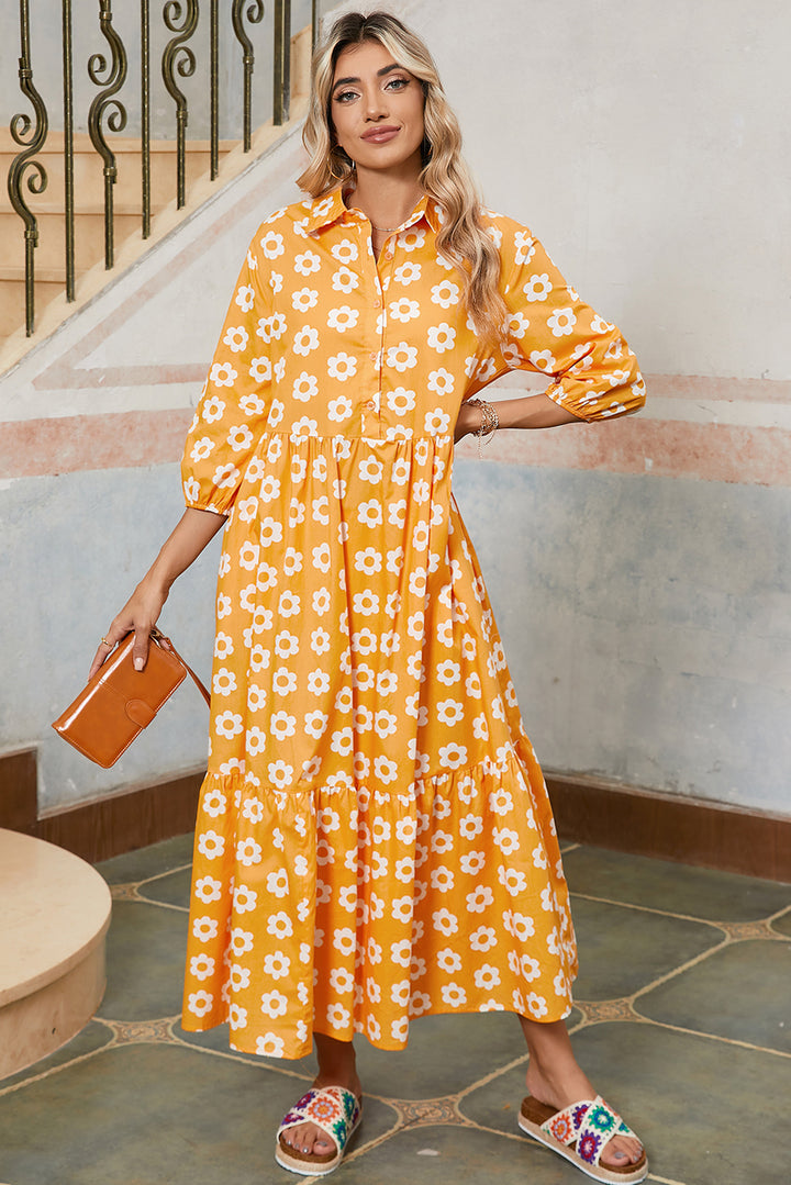 Yellow Flower Print Bracelet Sleeve Buttons Collared Maxi Dress