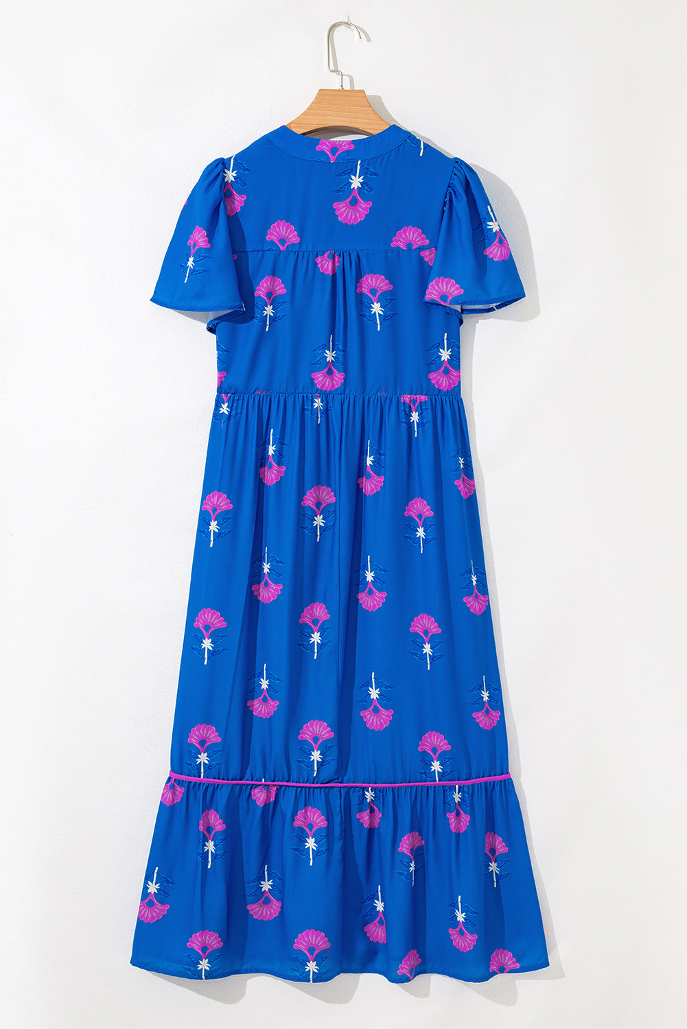 Green Floral Print Notched Neck Flounce Sleeve Midi Dress
