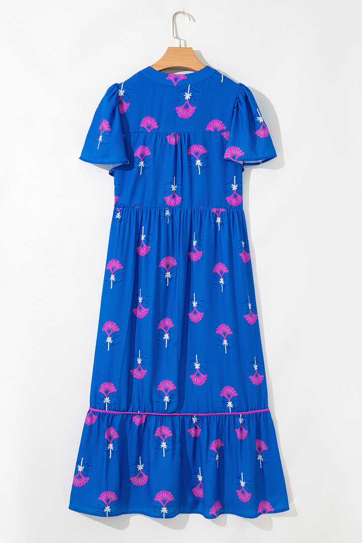Green Floral Print Notched Neck Flounce Sleeve Midi Dress