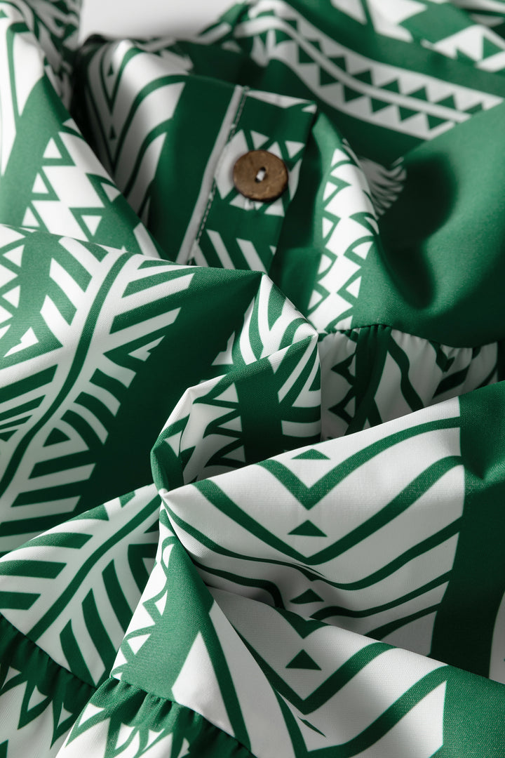 Green Boho Ethnic Print Half Button 3/4 Sleeve Casual Dress - Lulubelles Clothing and Accessories