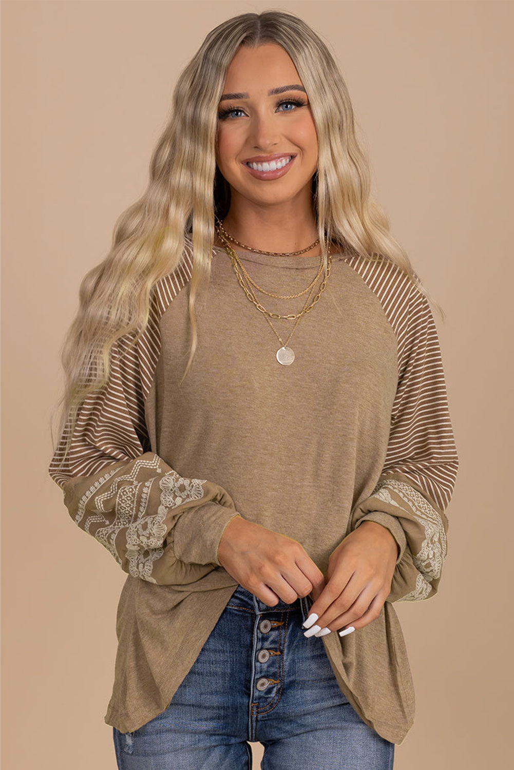 Navy Blue Contrast Print Striped Raglan Long Sleeve Loose Top