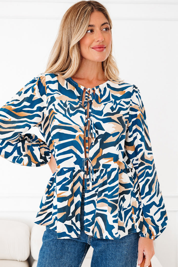 Blue Zebra Print Tied Front Puff Sleeve Top - Lulubelles Clothing and Accessories