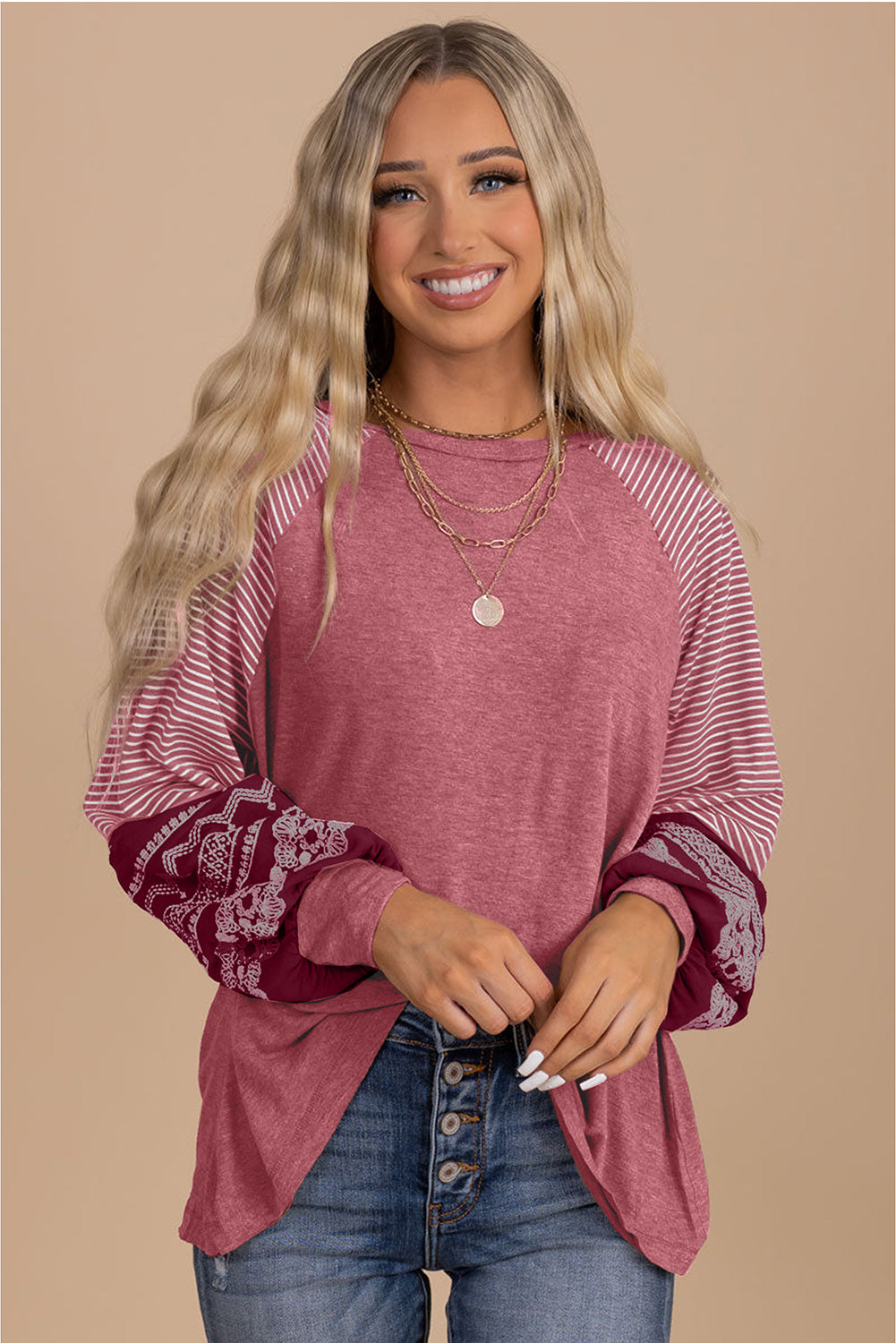 Navy Blue Contrast Print Striped Raglan Long Sleeve Loose Top