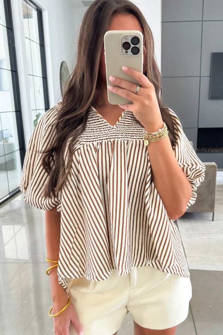 Brown Stripe Shirred V Neck Short Puff Sleeve Blouse - Lulubelles Clothing and Accessories