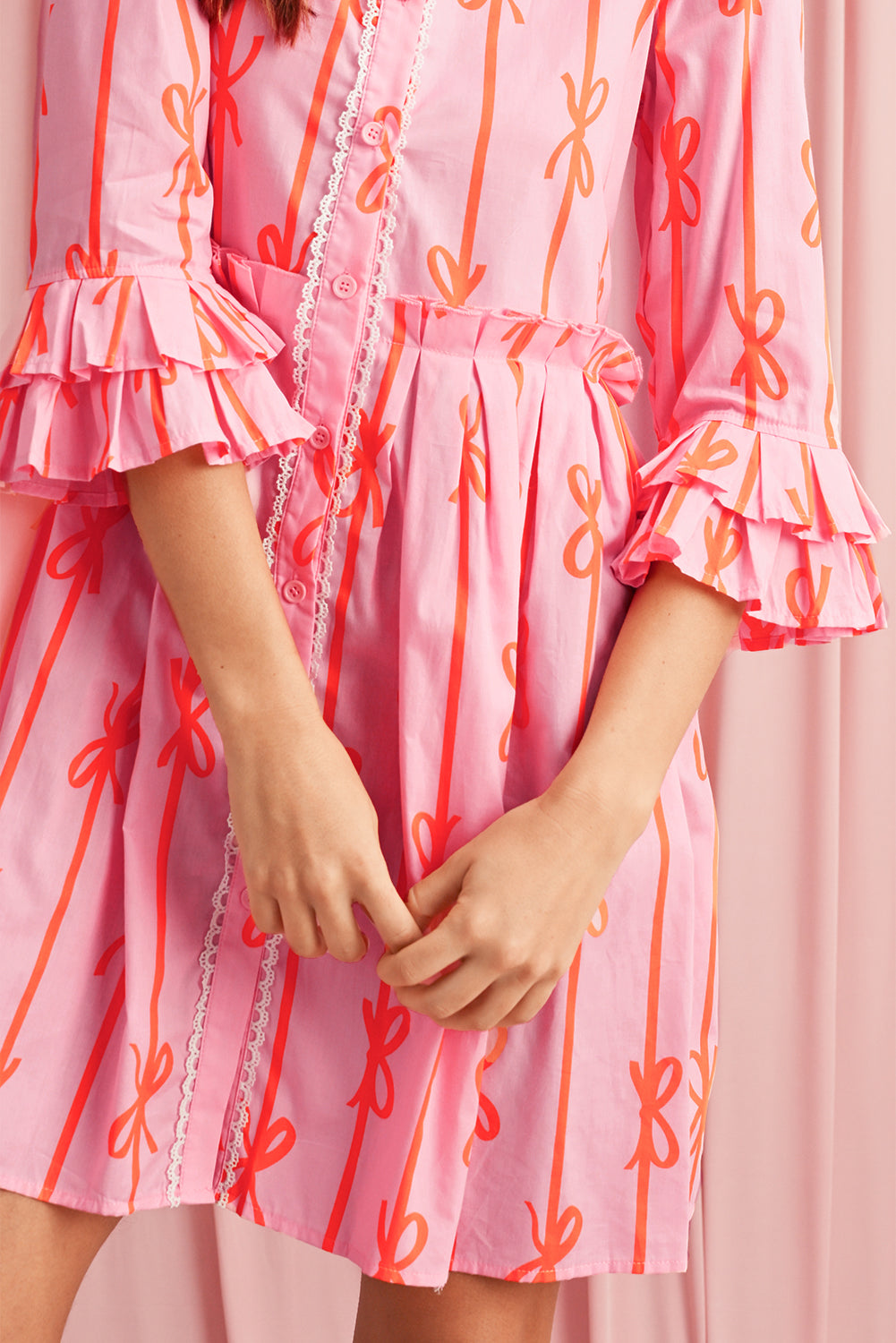 Pink Bowknot Striped Ruffle Mini Shirt Dress