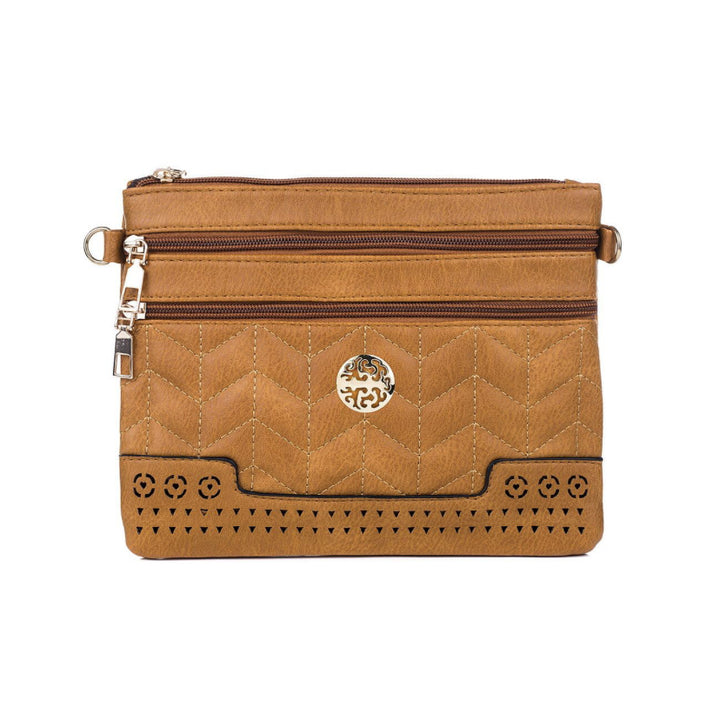 Caramel Boho Engraved double zip horizontal clutch shoulder Bag with strap