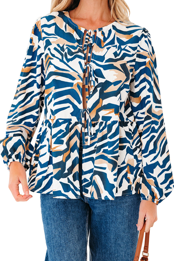 Blue Zebra Print Tied Front Puff Sleeve Top - Lulubelles Clothing and Accessories