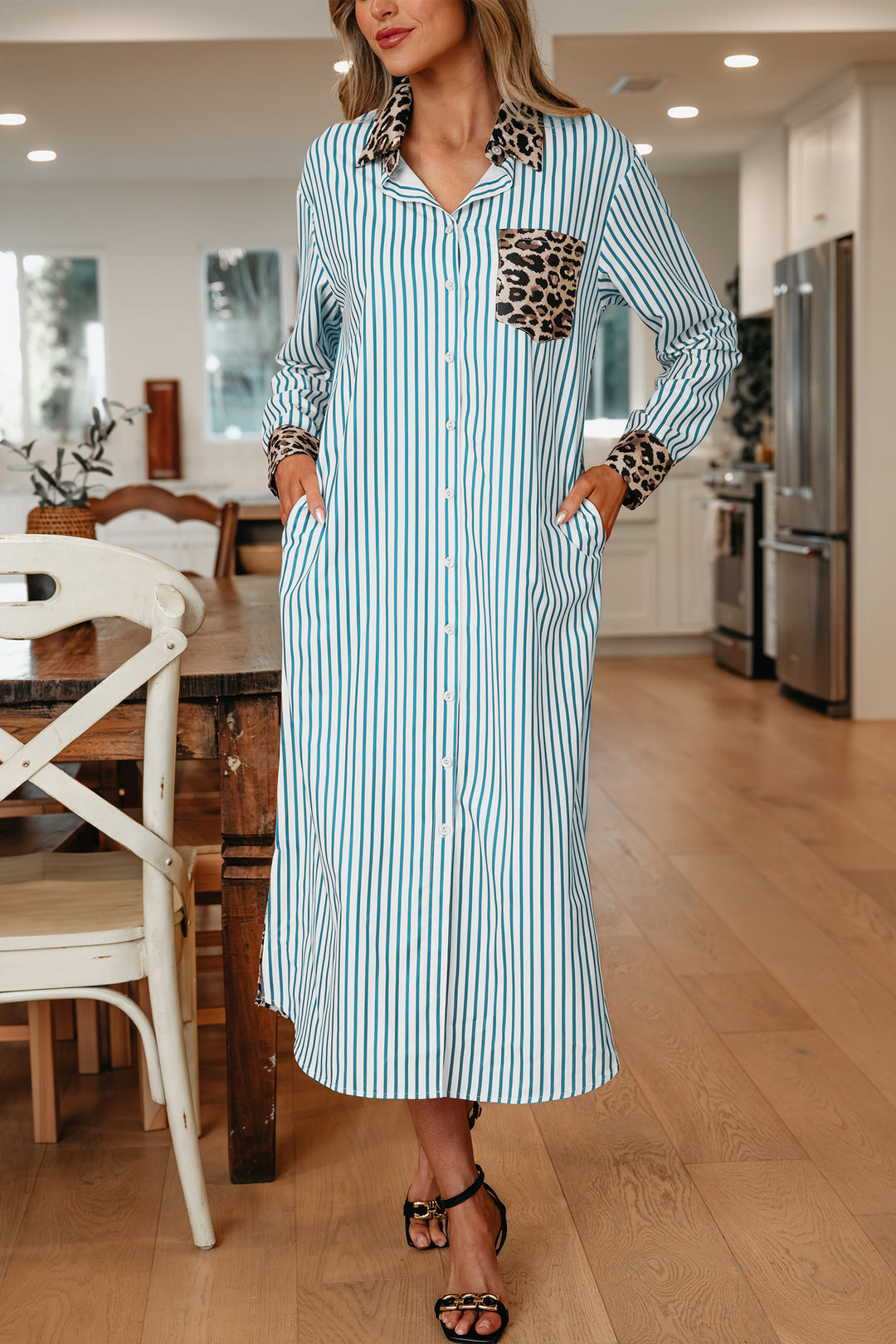 Sky Blue Stripe Contrast Leopard Patchwork Long Shirt Dress with Slits - Lulubelles Clothing and Accessories