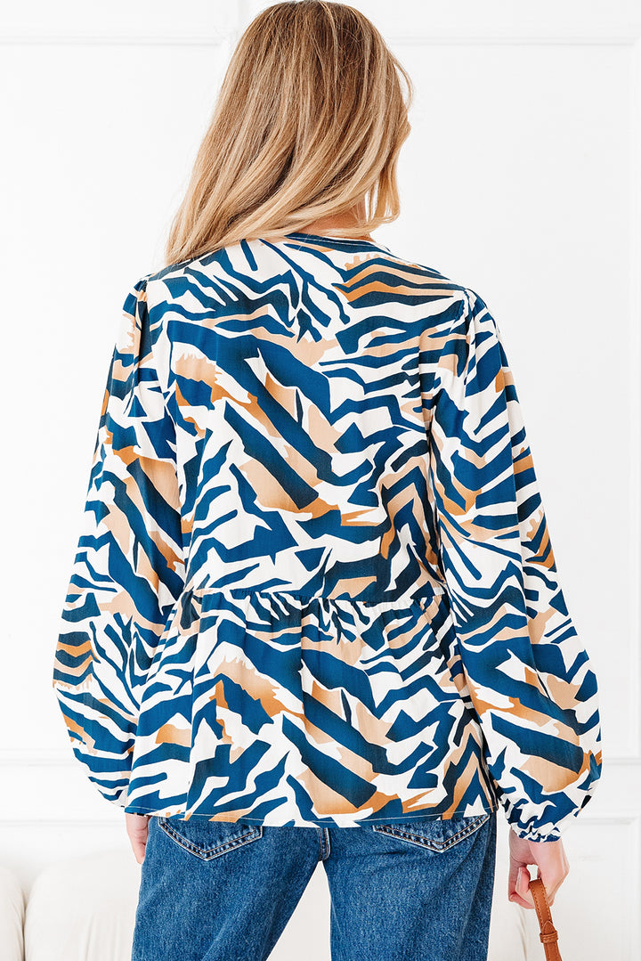 Blue Zebra Print Tied Front Puff Sleeve Top - Lulubelles Clothing and Accessories