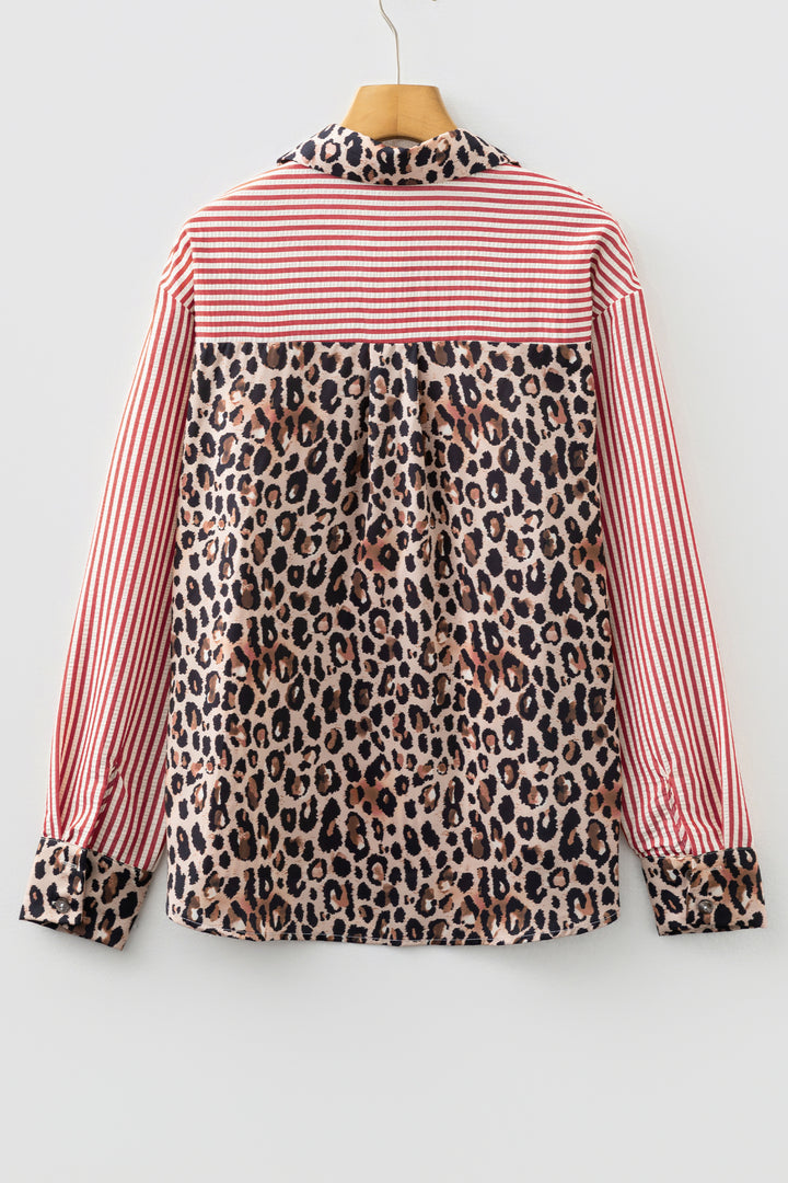 Racing Red Striped Leopard Print Patchwork Button Up Womens Shirt