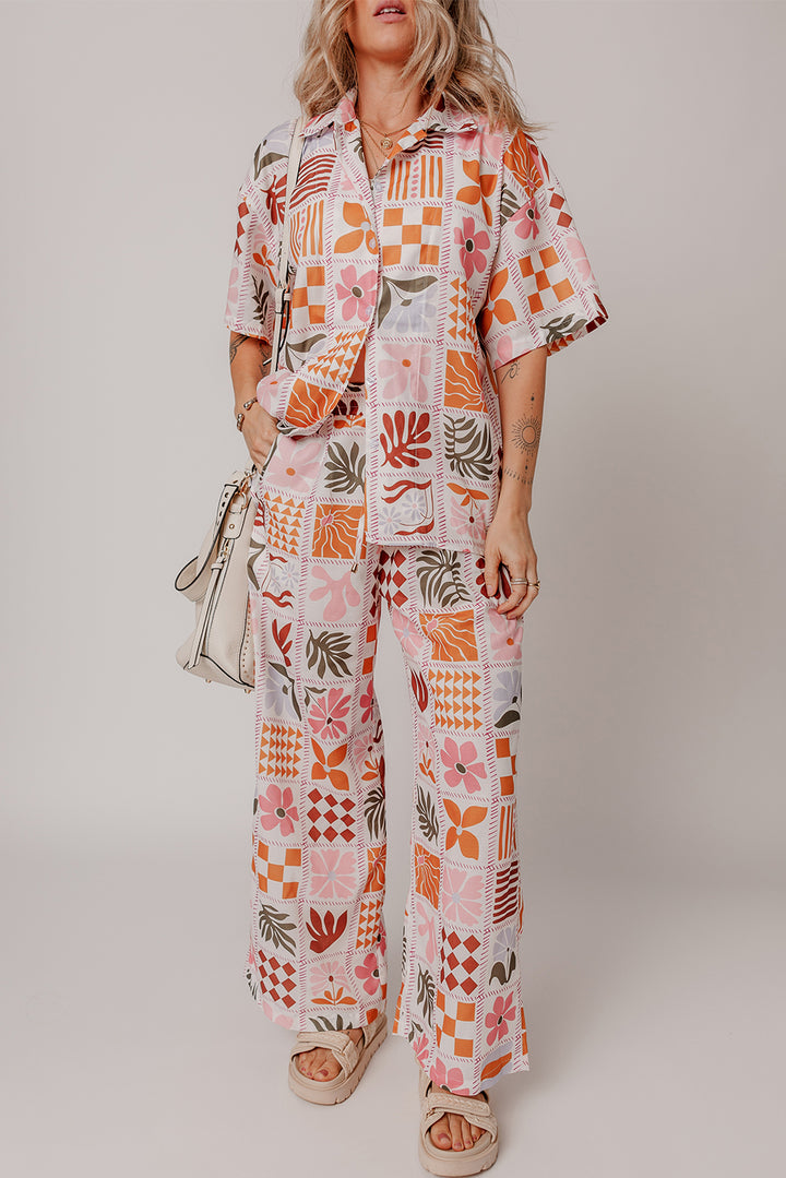 Orange Floral Checkered Print Collared Shirt and Wide Leg Pants Set