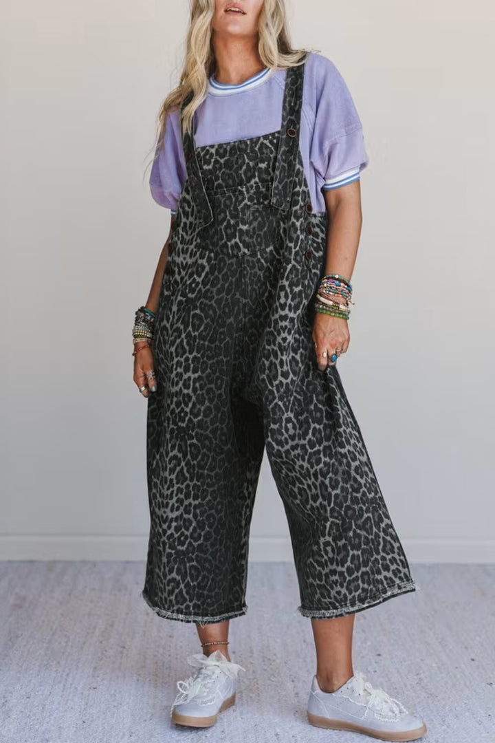 Gray Leopard Print Button Adjustable Straps Cropped Loose Denim Overalls - Lulubelles Clothing and Accessories