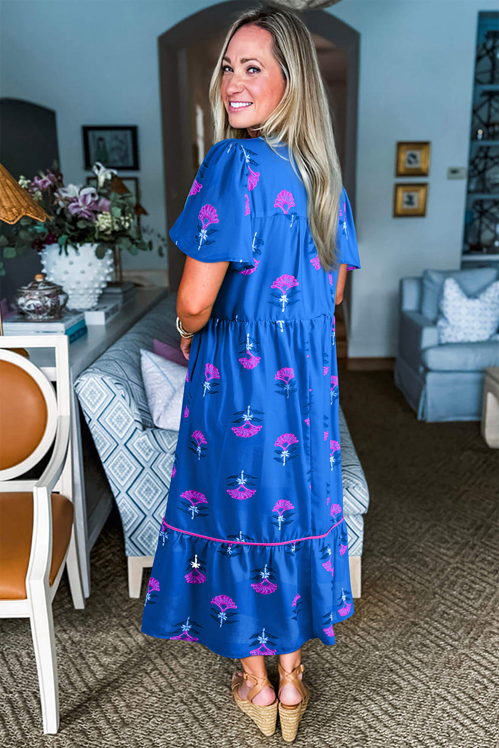 Green Floral Print Notched Neck Flounce Sleeve Midi Dress